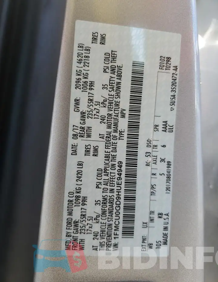 1FMCU0GD9HUE94949 Photo# 13