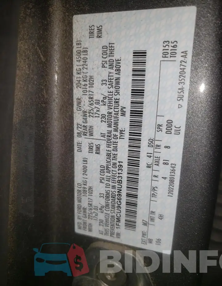 1FMCU9G69NUB31391 Photo# 14