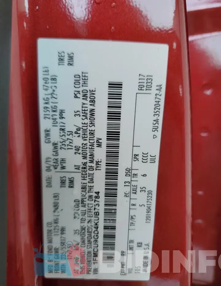 1FMCU9GD4KUB73784 Photo# 13