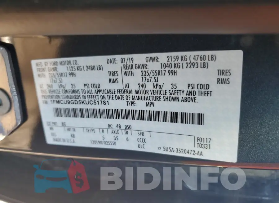 1FMCU9GD5KUC51781 Photo# 13