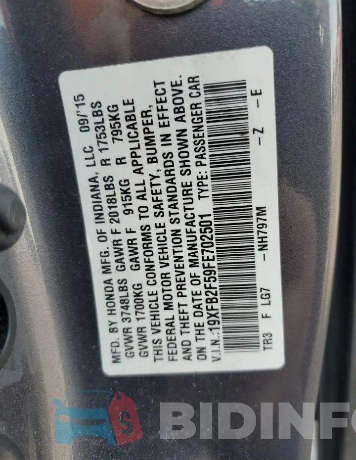 19XFB2F59FE702501 Photo# 13