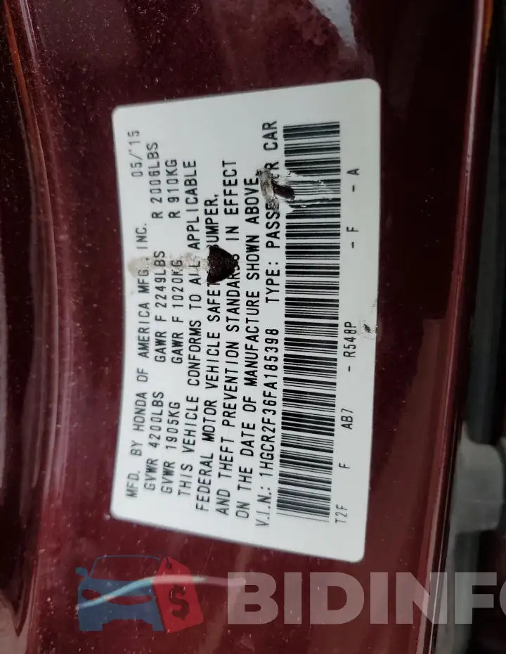 1HGCR2F36FA185398 Photo# 12