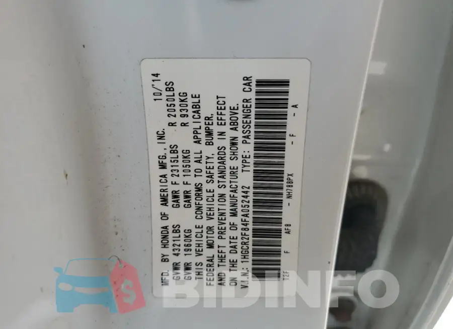 1HGCR2F84FA052442 Photo# 12