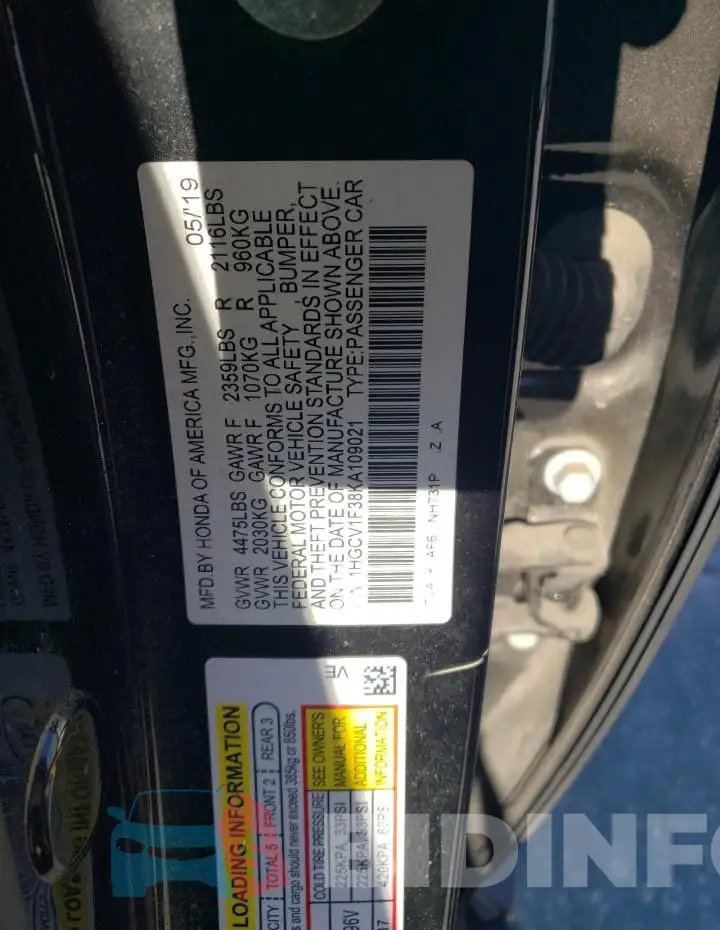 1HGCV1F38KA109021 Photo# 13