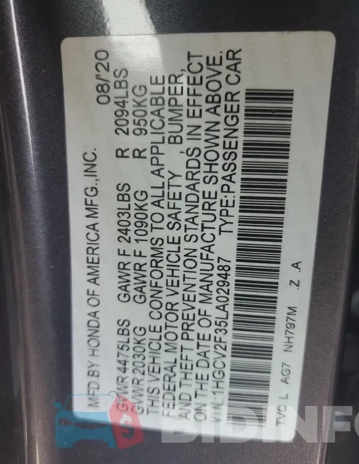 1HGCV2F35LA029487 Photo# 13