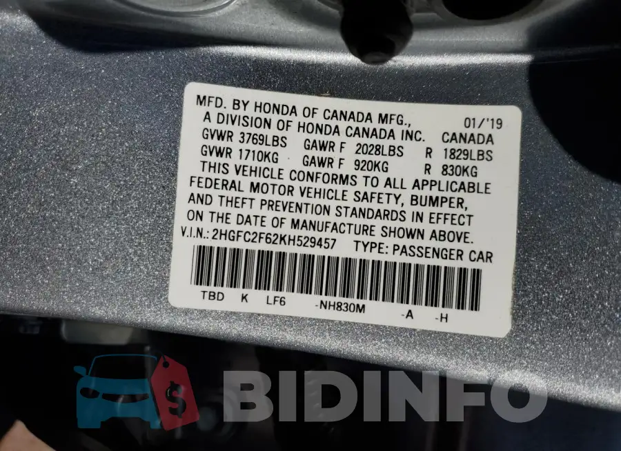 2HGFC2F62KH529457 Photo# 12