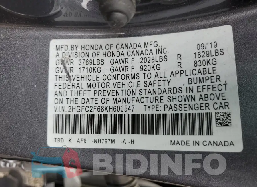 2HGFC2F68KH600547 Photo# 13