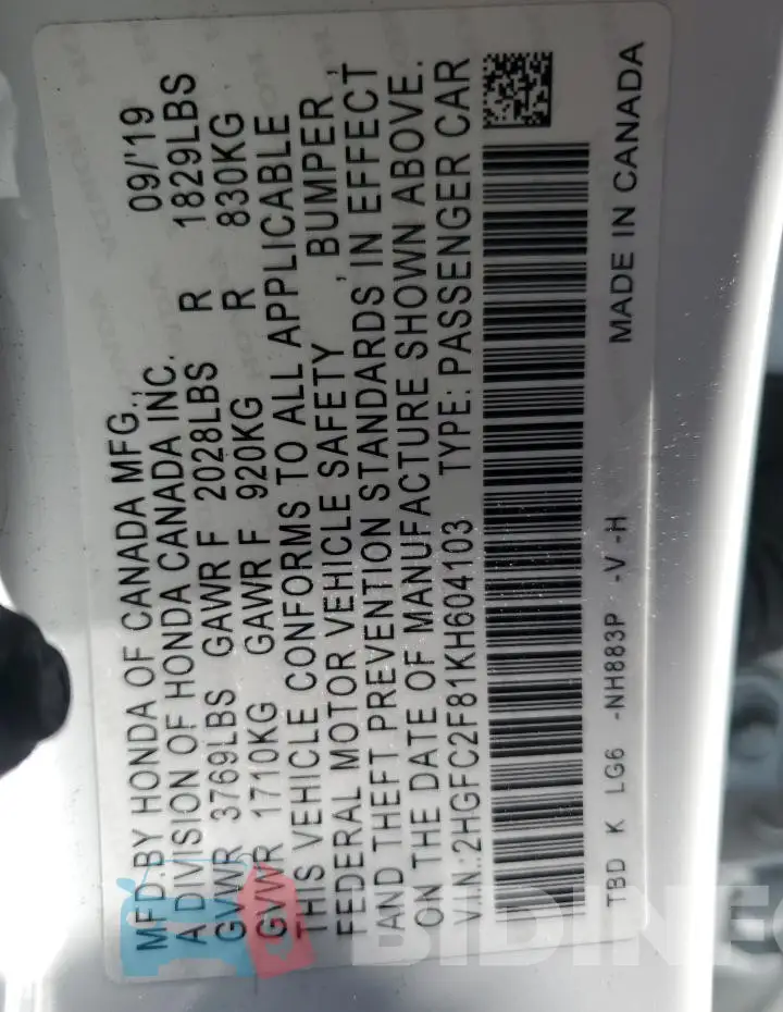 2HGFC2F81KH604103 Photo# 13