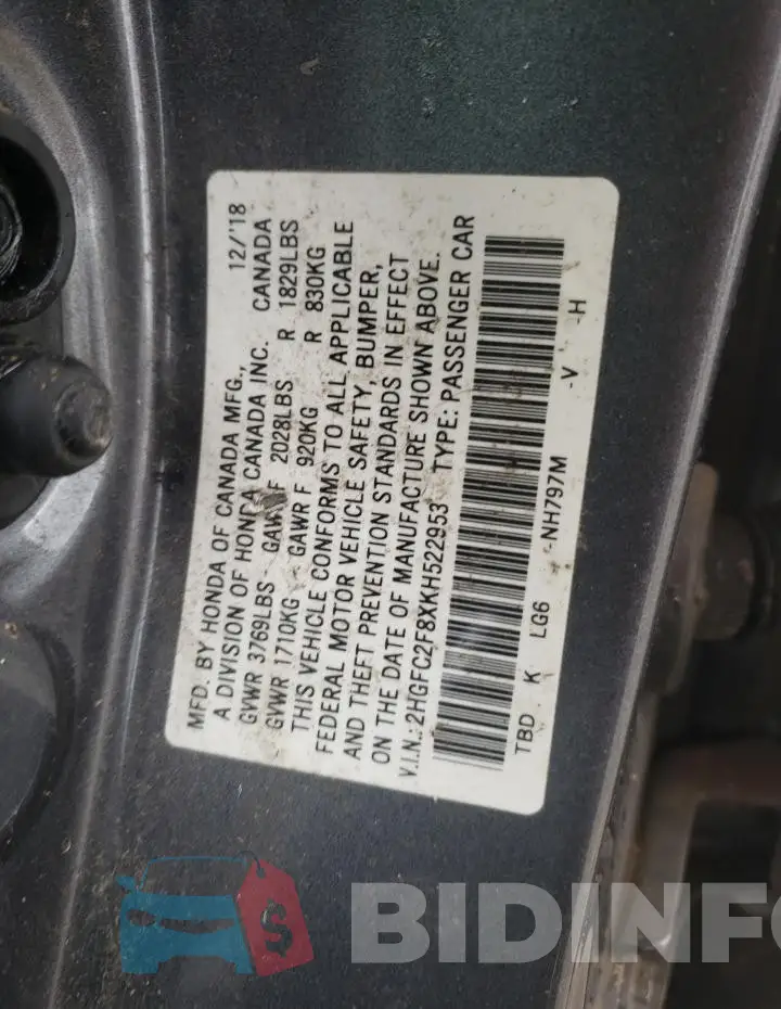 2HGFC2F8XKH522953 Photo# 12
