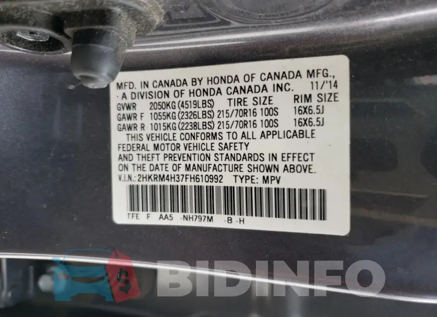 2HKRM4H37FH610992 Photo# 13