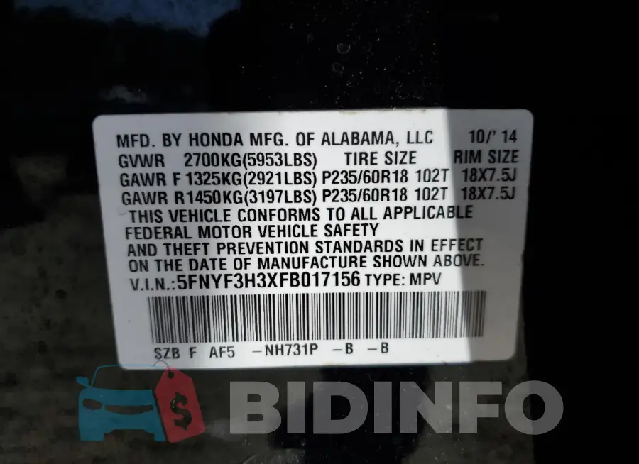 5FNYF3H3XFB017156 Photo# 13