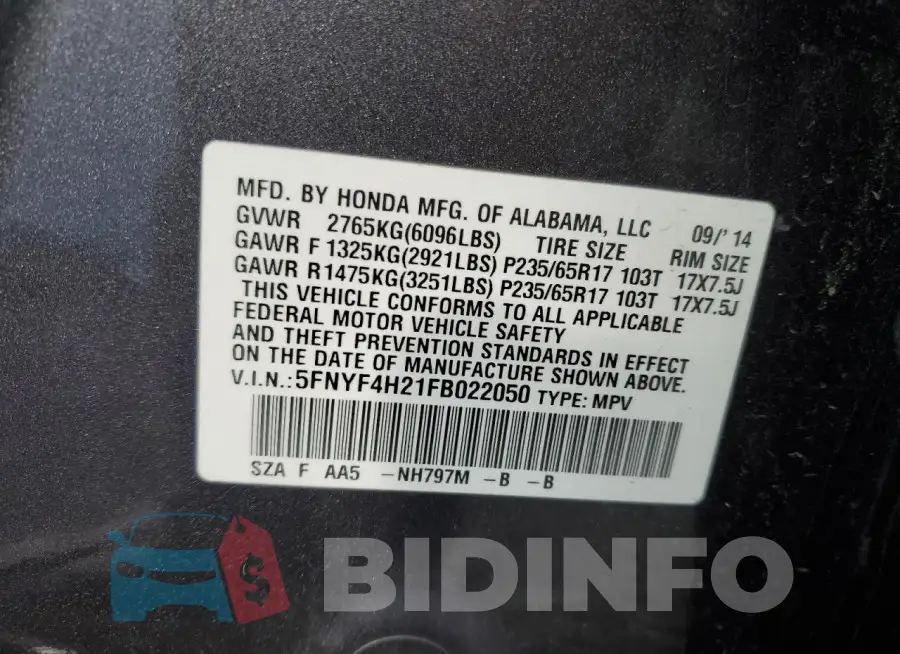 5FNYF4H21FB022050 Photo# 12