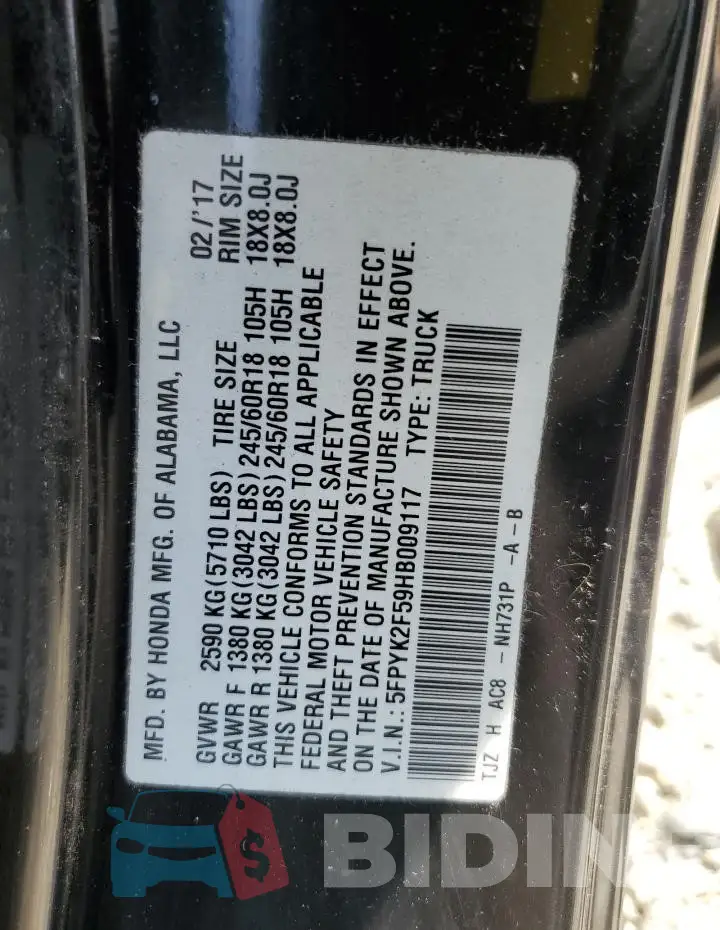 5FPYK2F59HB009117 Photo# 12