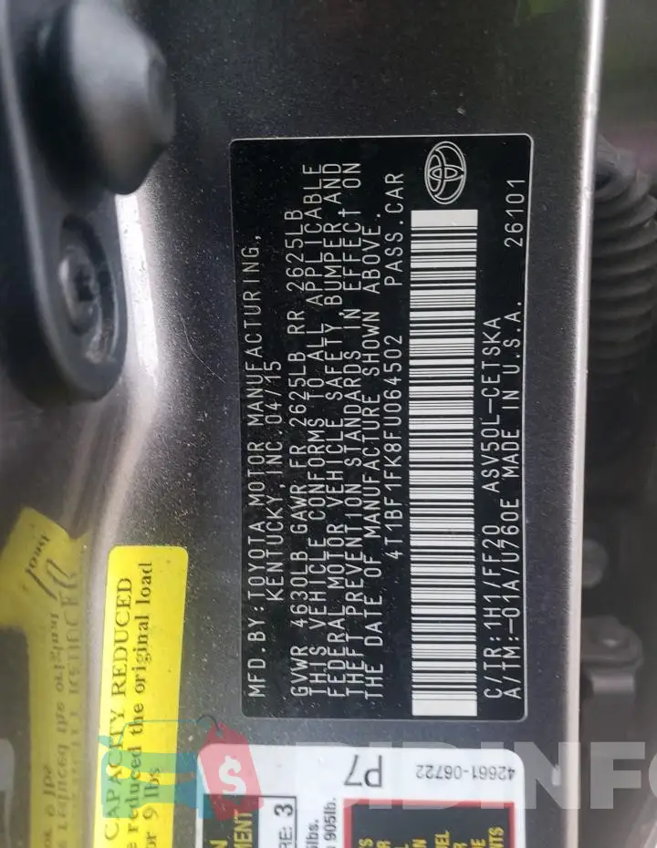 4T1BF1FK8FU064502 Photo# 12