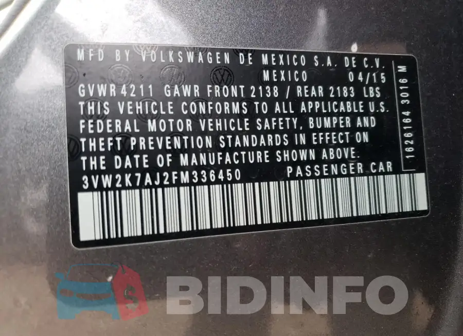 3VW2K7AJ2FM336450 Photo# 12