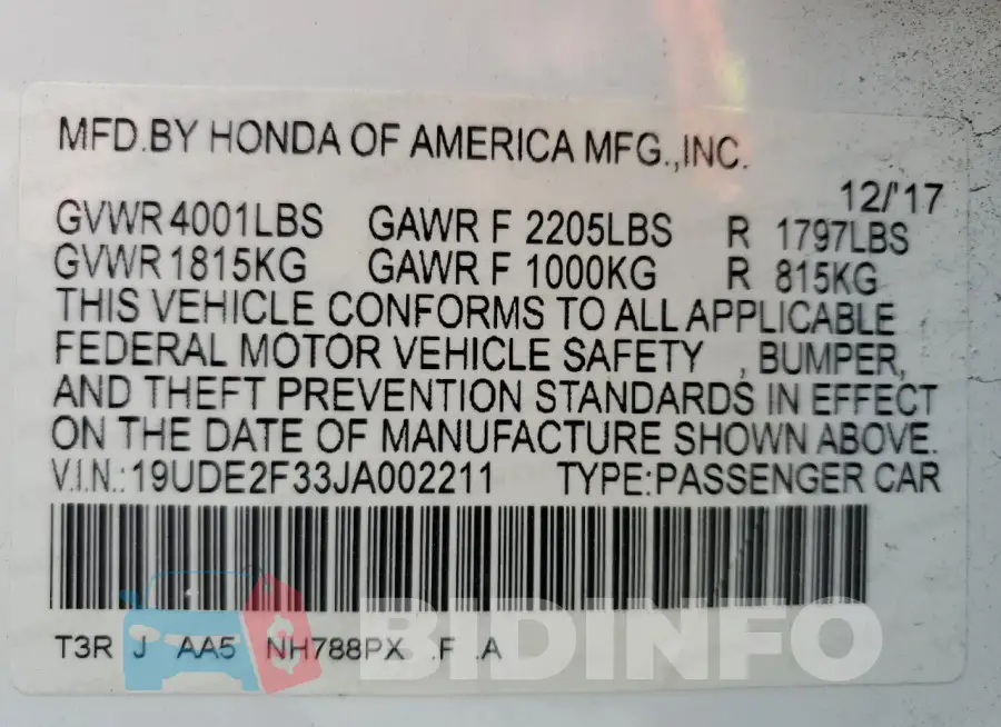 19UDE2F33JA002211 Photo# 13