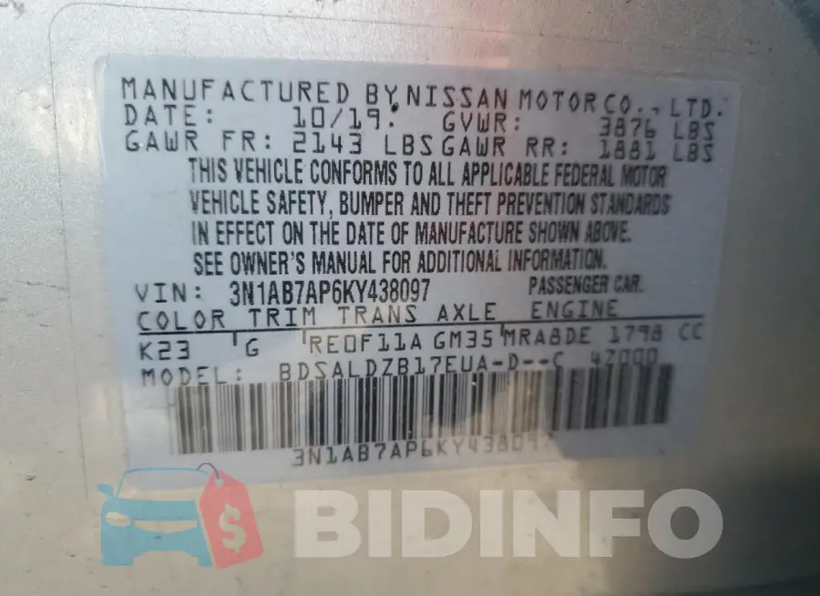 3N1AB7AP6KY438097 Photo# 12