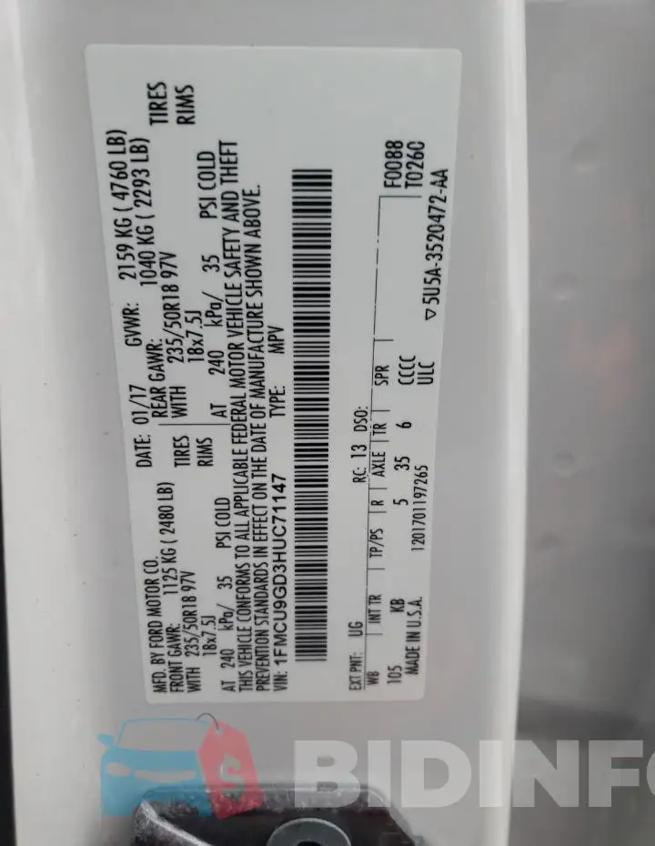 1FMCU9GD3HUC71147 Photo# 14