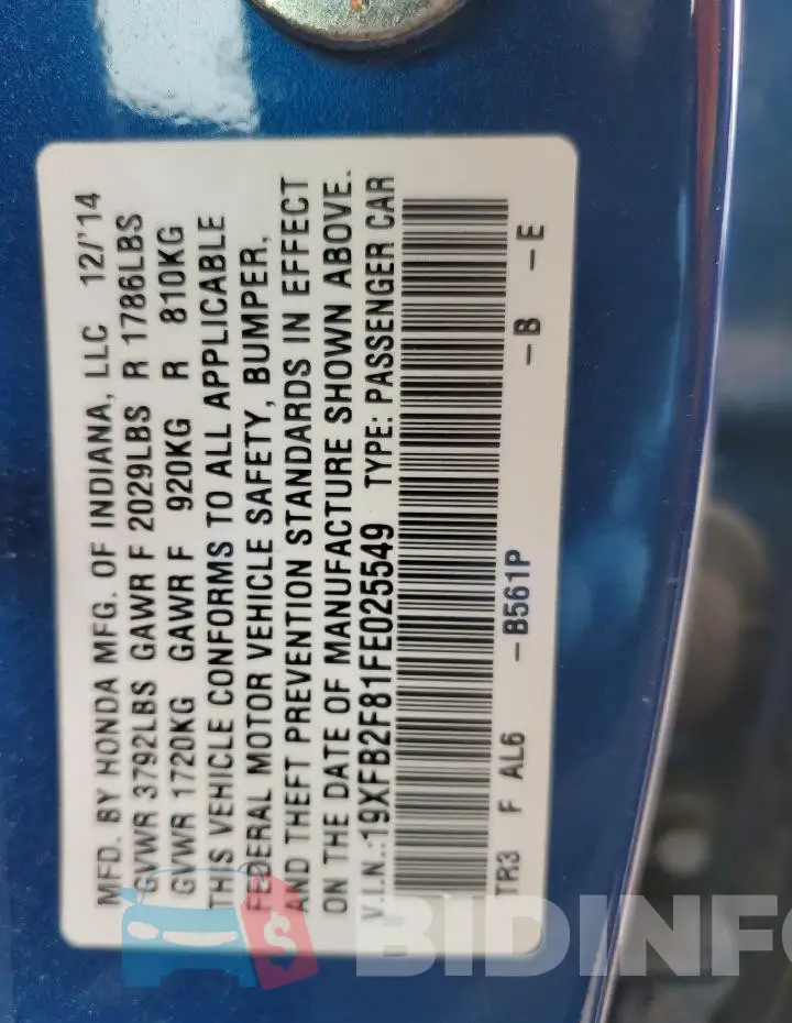 19XFB2F81FE025549 Photo# 12