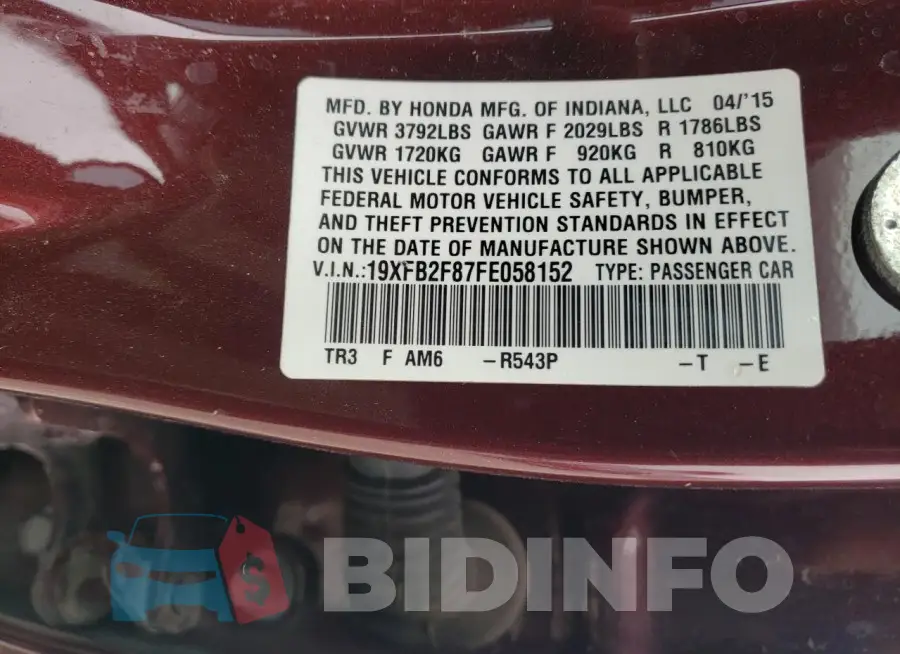 19XFB2F87FE058152 Photo# 12