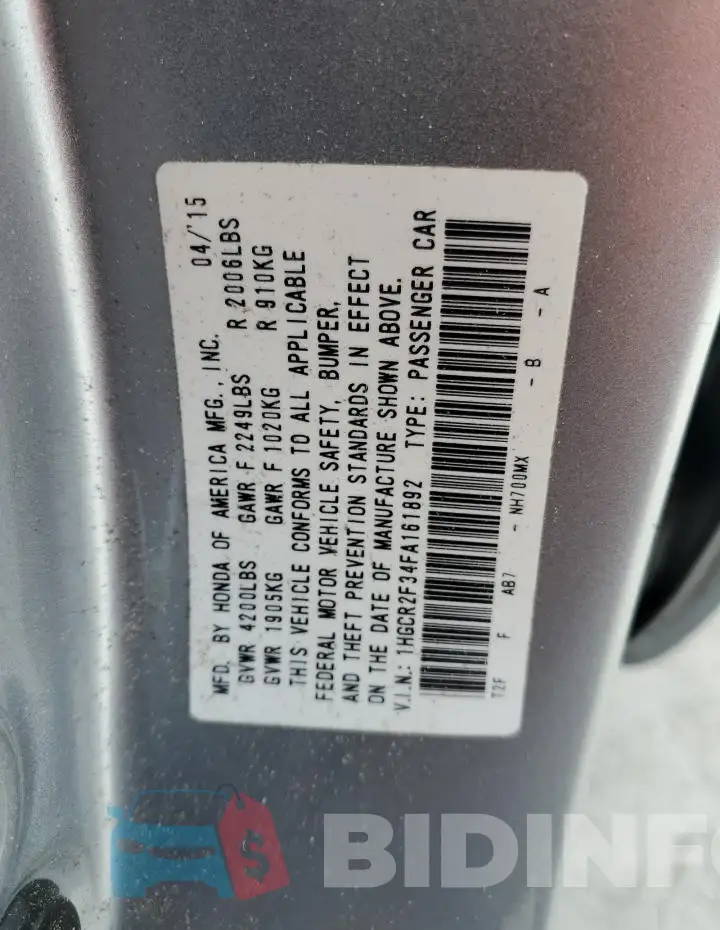 1HGCR2F34FA161892 Photo# 12