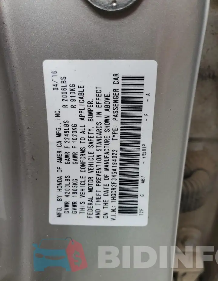 1HGCR2F34GA194022 Photo# 12