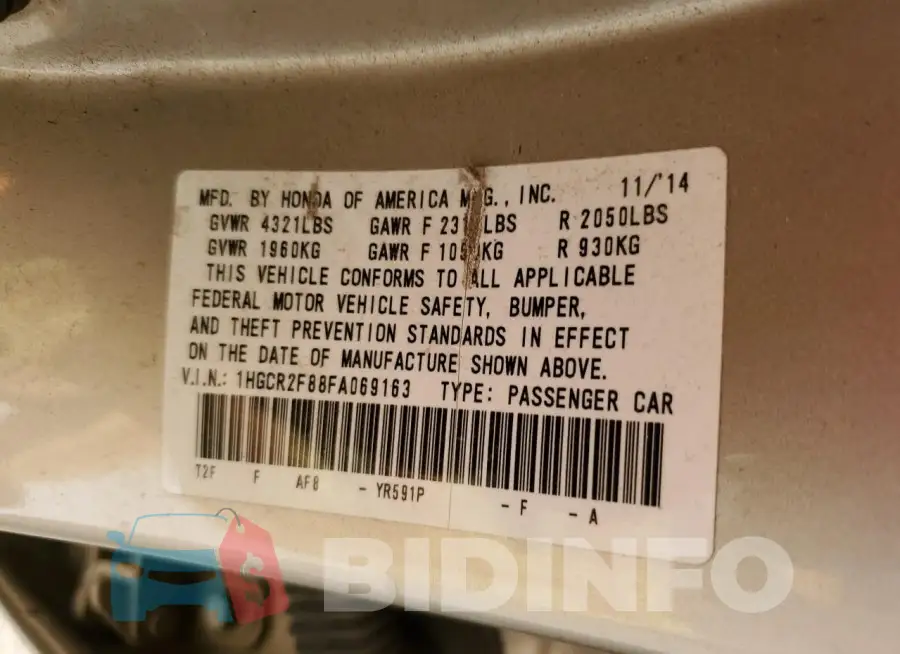 1HGCR2F88FA069163 Photo# 12