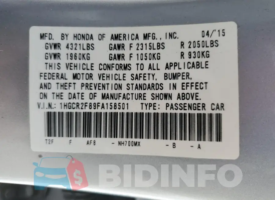 1HGCR2F89FA158501 Photo# 12
