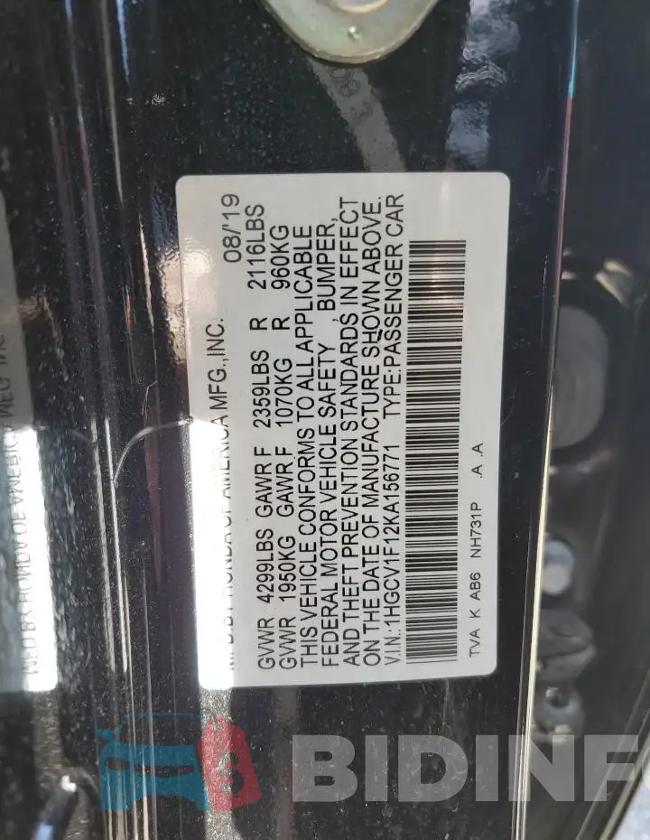 1HGCV1F12KA156771 Photo# 11