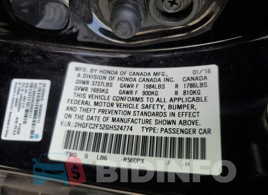 2HGFC2F52GH524774 Photo# 12