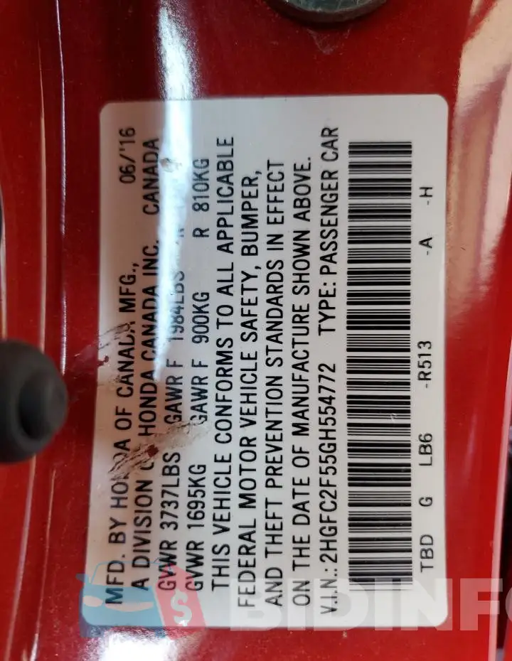 2HGFC2F55GH554772 Photo# 12
