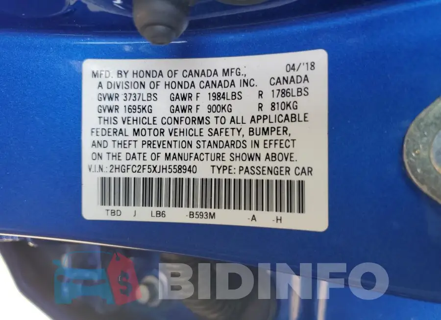 2HGFC2F5XJH558940 Photo# 12