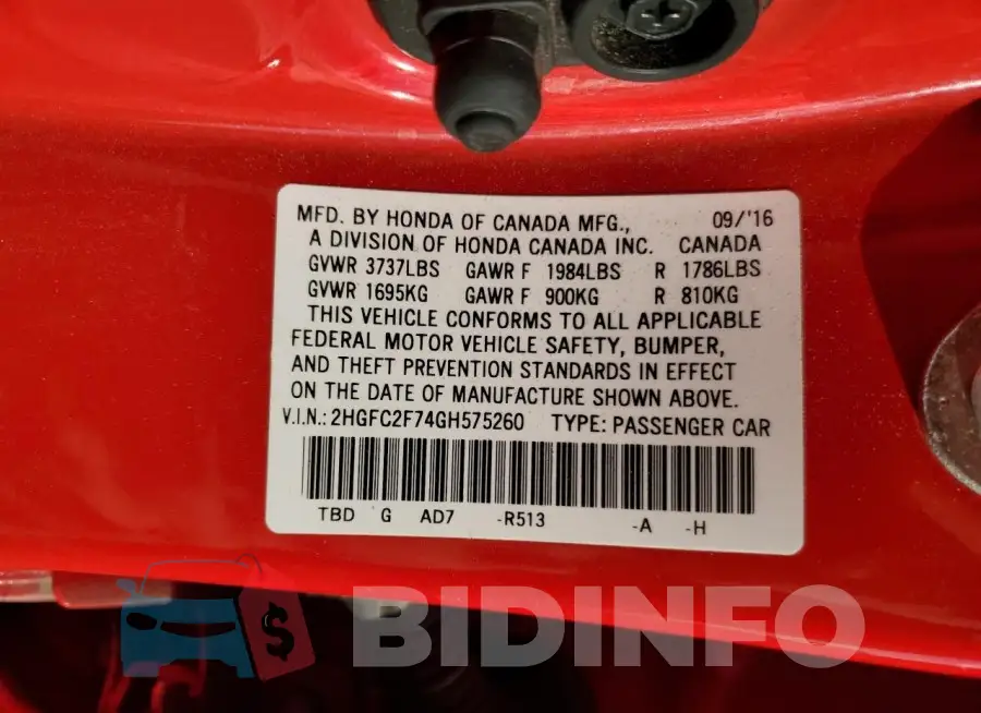 2HGFC2F74GH575260 Photo# 12