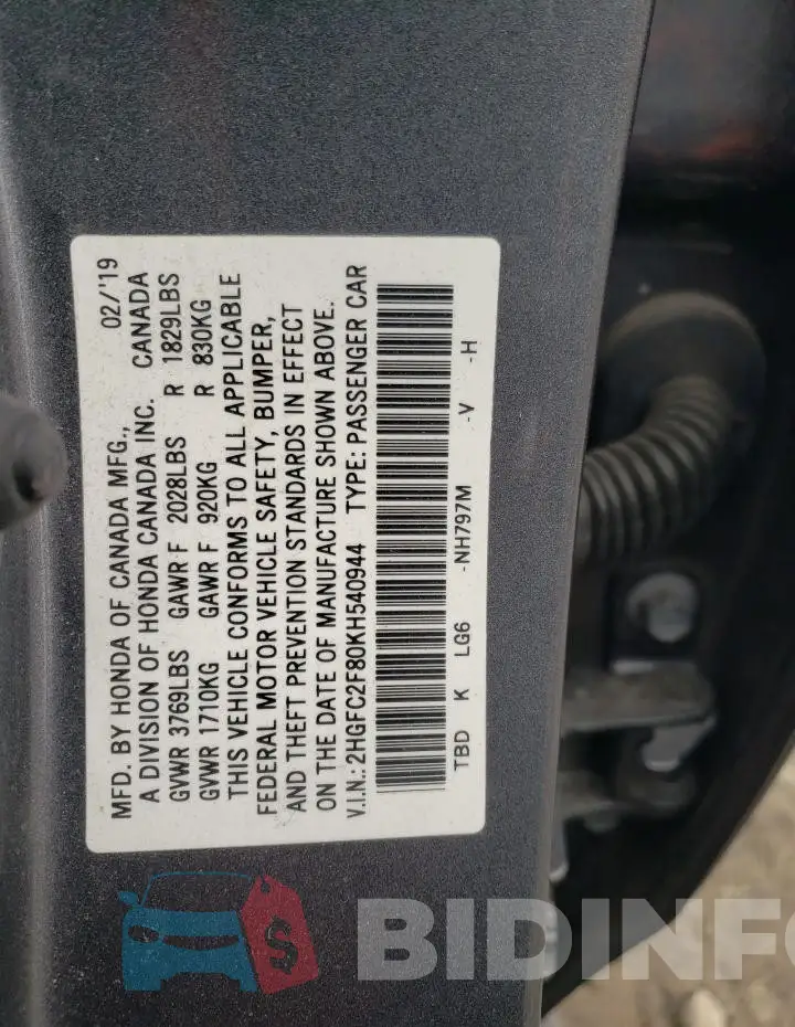 2HGFC2F80KH540944 Photo# 13