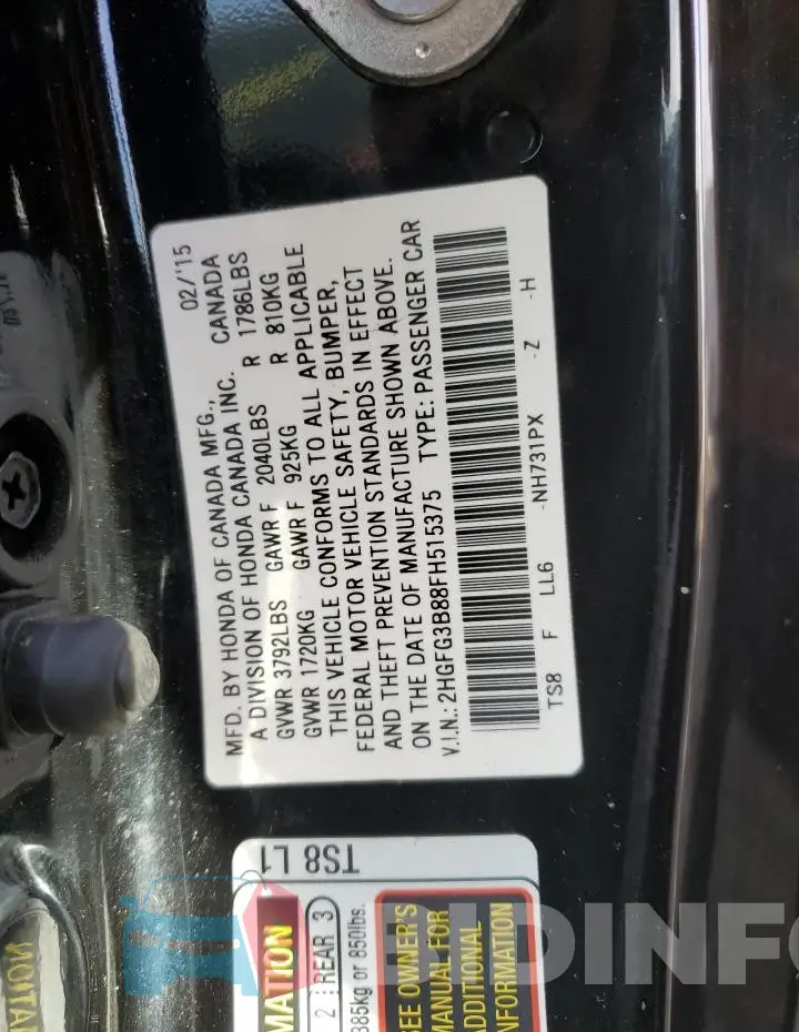 2HGFG3B88FH515375 Photo# 12