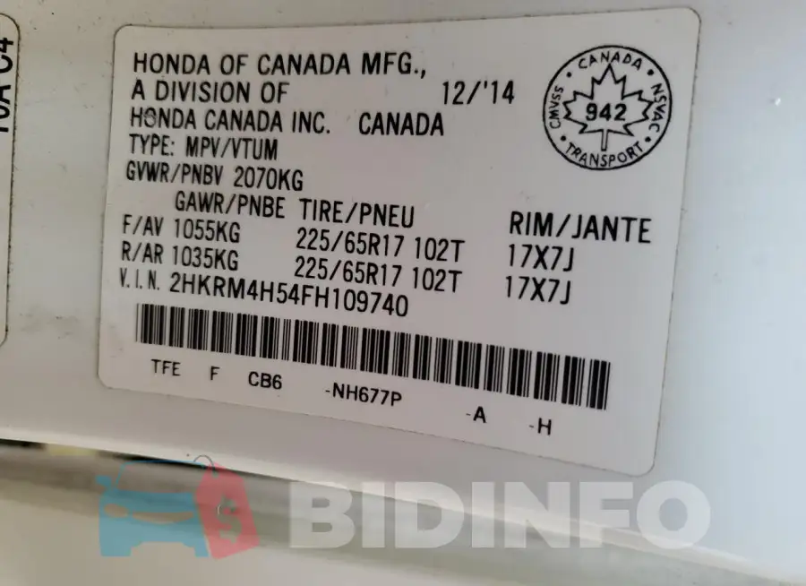 2HKRM4H54FH109740 Photo# 14