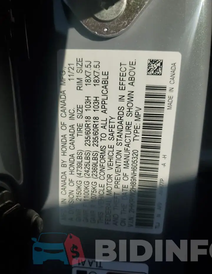 2HKRW2H89NH605320 Photo# 12