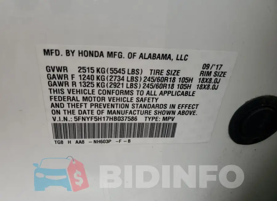 5FNYF5H17HB037586 Photo# 13