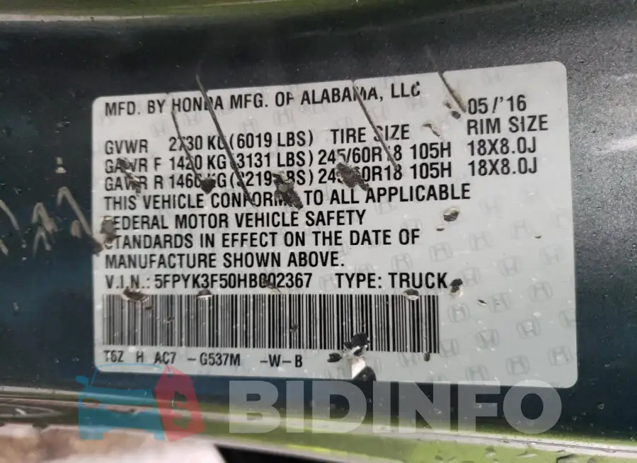 5FPYK3F50HB002367 Photo# 12