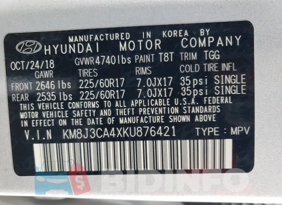 KM8J3CA4XKU876421 Photo# 12