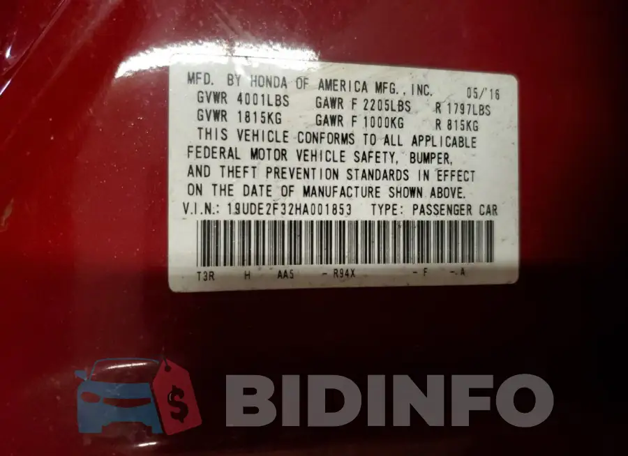 19UDE2F32HA001853 Photo# 13