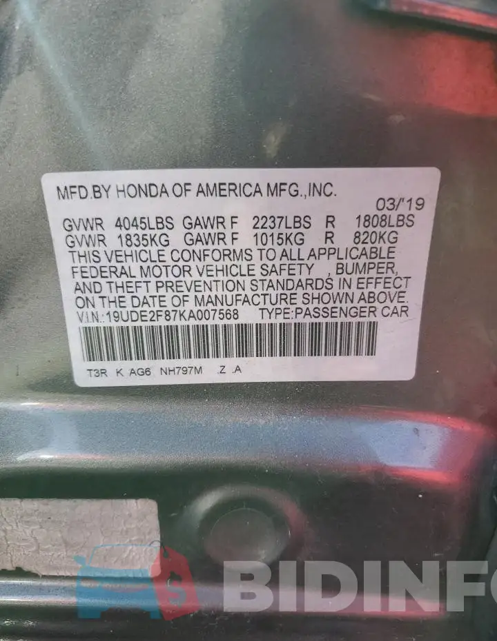 19UDE2F87KA007568 Photo# 12