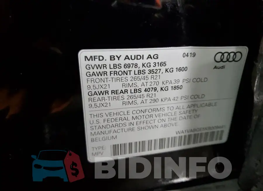 WA1VABGE5KB009441 Photo# 12
