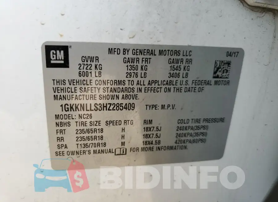 1GKKNLLS3HZ285409 Photo# 12