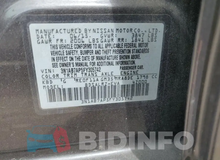 3N1AB7AP5FY305742 Photo# 12