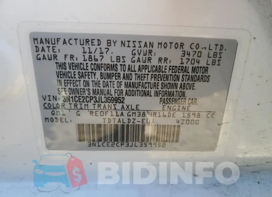 3N1CE2CP3JL359952 Photo# 13
