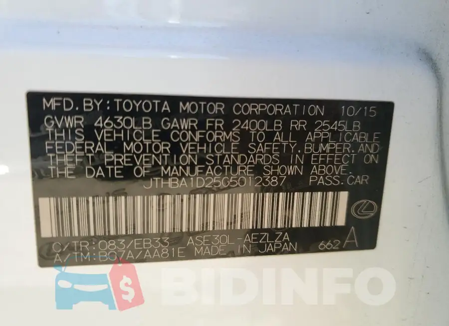 JTHBA1D25G5012387 Photo# 13