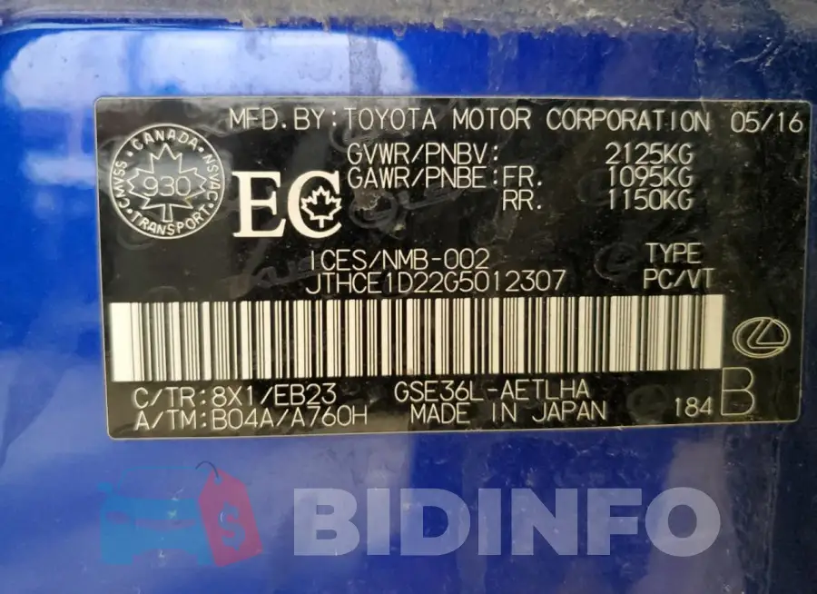 JTHCE1D22G5012307 Photo# 13