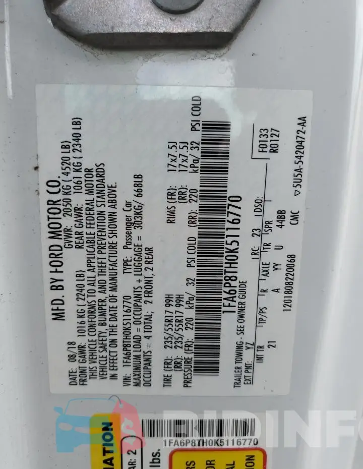 1FA6P8TH0K5116770 Photo# 12