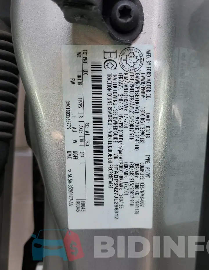 1FADP3N27JL296312 Photo# 12
